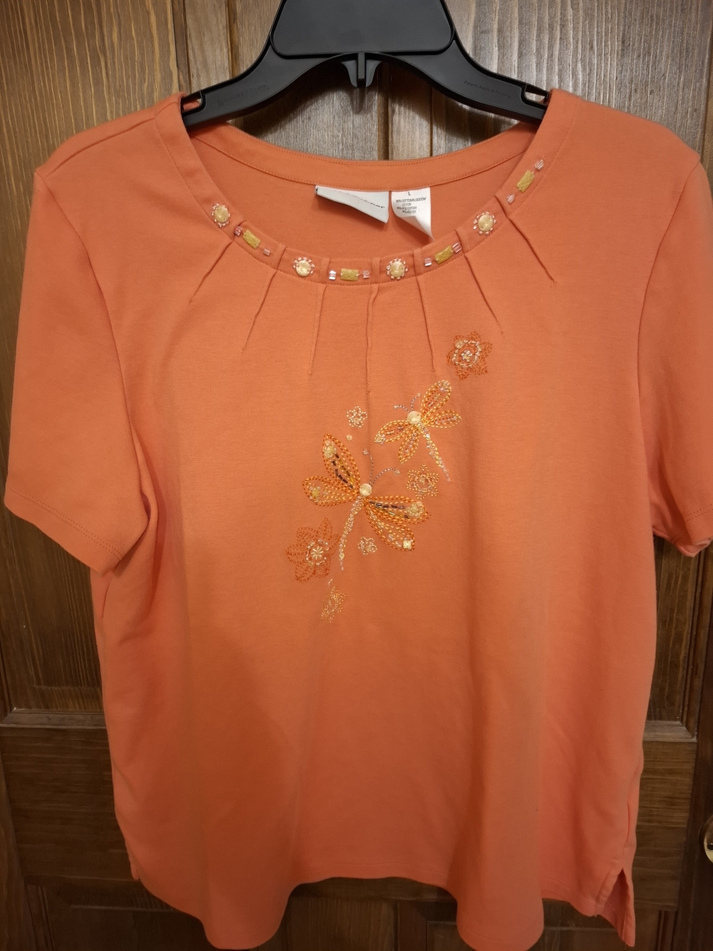 Alfred Dunner Coral Orange Embellished Short Sleeve Top